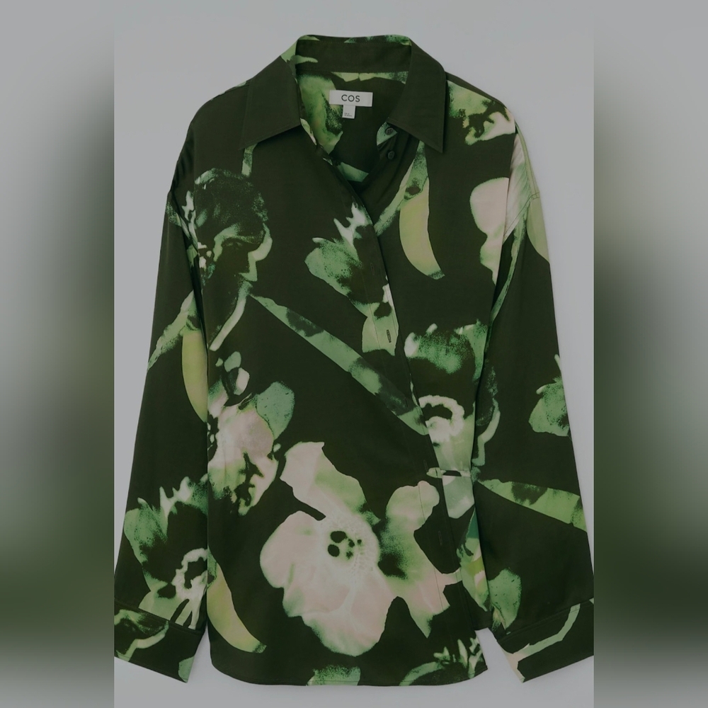 COS Oversized Dark Green Floral Print Wrap Shirt NWT Sz 14 Long Sleeve